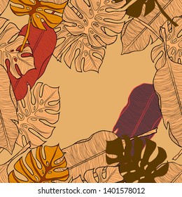 Pattern illustration of tropical red, green, orange and yellow palm leaves and monsters on a yellowish background