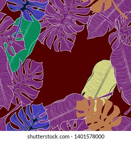 Pattern illustration of tropical violet, green, blue and yellow leaves of a palm tree and monster on a burgundy background