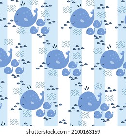 Pattern illustration vector cute blue whale in cartoon style