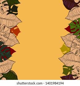 Pattern illustration of yellow, green, red leaves of palm trees and monsteras on a yellow background