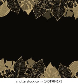 Pattern illustration of yellow leaves of palm trees and monsteras on a dark background