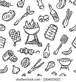 Pattern with illustrations of barbecue, grill, kebab, sausages, vegetables.