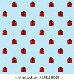 Pattern with illustrations of gift boxes and snowflakes. Concept for Christmas and New Year. Vector illustration