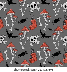 Pattern with illustrations on the theme of Halloween. Vector illustration
