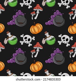 Pattern with illustrations on the theme of Halloween. Vector illustration