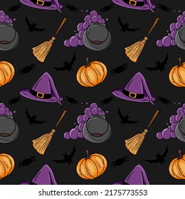 Pattern with illustrations on the theme of Halloween. Vector illustration