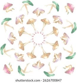 A pattern of illustrations that combine mushrooms and humans.