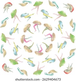 Pattern of illustrations that combine mushrooms and humans.