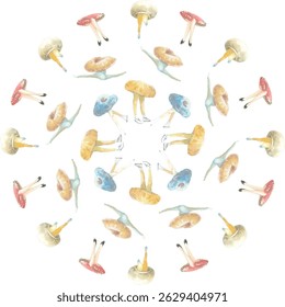 Pattern of illustrations that combine mushrooms and humans.