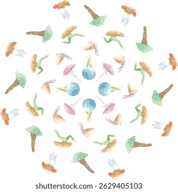 Pattern of illustrations that combine mushrooms and humans.