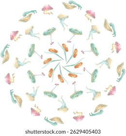 Pattern of illustrations that combine mushrooms and humans.