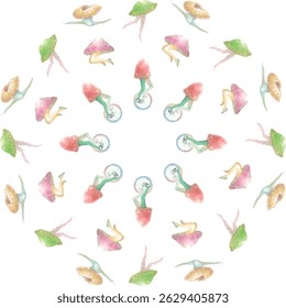 Pattern of illustrations that combine mushrooms and humans.