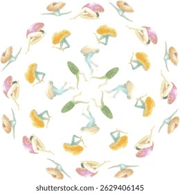 Pattern of illustrations that combine mushrooms and humans.