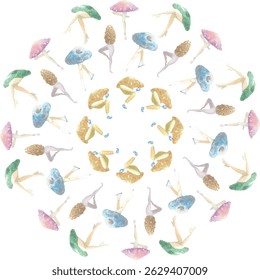 Padrão de ilustrações que combinam cogumelos e humanos.