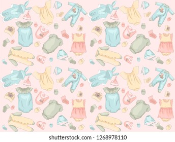 
Pattern with the image of children's clothes in soft pastel colors. Vector image of cute baby clothes on pink background