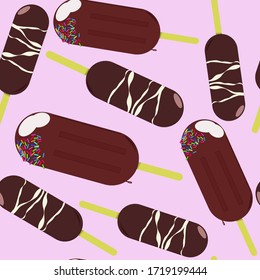 Pattern with the image of chocolate ice cream on a light pink background. Food illustration.