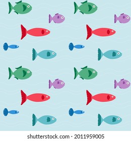 Pattern with the image of colorful fish on a blue background with waves