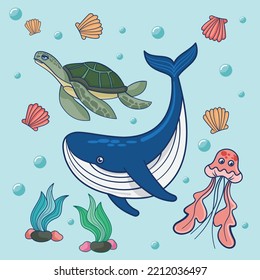 pattern with the image of cute sea animals in vector graphics