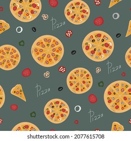 Pattern with the image of different types of pizzas, ingredients and an inscription
