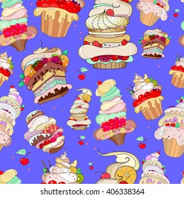 pattern with the image of the fantastic cakes on bright blue background