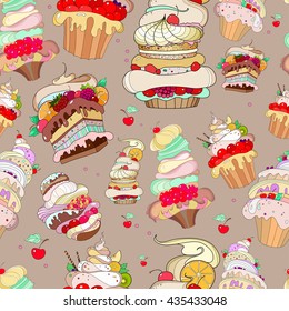 pattern with the image of the fantastic cakes on gray background