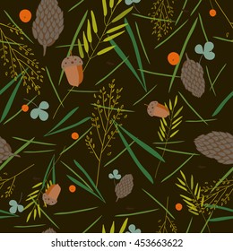 pattern with the image of the forest cones, fir needles, leaves, blades of grass, acorns and ants on a brown- green background. Vector