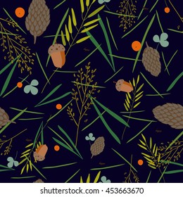 pattern with the image of the forest cones, fir needles, leaves, blades of grass, acorns and ants on a dark blue background. Vector
