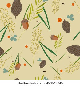 pattern with the image of the forest cones, fir needles, leaves, blades of grass, acorns and ants on a gray-beige background. Vector
