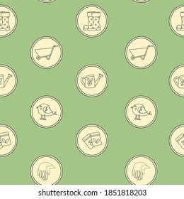 Pattern with the image of garden accessories. Watering can, wheelbarrow, gloves, seeds, cute bird, rubber boots. Pattern textures on the theme of the garden