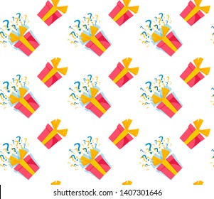 Pattern with the image of a gift in a red wrap and with a yellow bow. Surprise for the holiday. Image on a white background. Vector illustration in flat style.