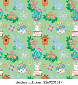 pattern image for happy easter holiday with elements of eggs, rabbits and birdhouse