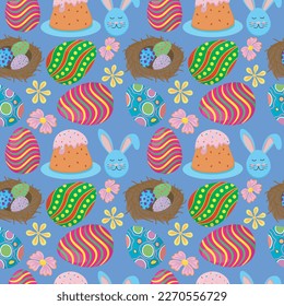 pattern image for happy easter holiday with elements of eggs, flowers, rabbit, eggs in a nest, easter cake
