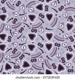 pattern with the image of hearts, ovals, figures in purple