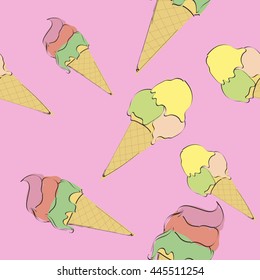 Pattern with the image of ice cream on pink background