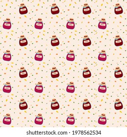 Pattern with the image of jars in jam and autumn foliage. Vector illustration