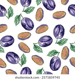 Pattern with an image of a juicy purple plum. Design for textiles, packaging, wrapping paper. Vector illustration