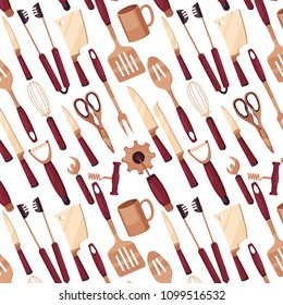 Pattern image with kitchen appliances. Various knives, blades, mugs, spoons, scoops, sponges. Cuisine, mastery of cooking cookery, kitchen, cook. Modern vector flat design image isolated on white back