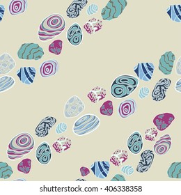 pattern with the image of multi-colored stones arranged in a diagonal direction on a beige background