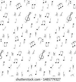 Pattern with the image of musical signs on a white background. Vector graphics