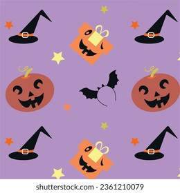 A pattern with the image of a pumpkin, stars and a gift with a cute face, a hoop in the shape of a flying mouse. Vector illustration EPS10