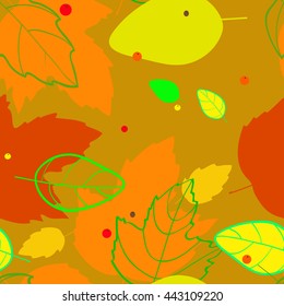 pattern with the image of silhouettes and contours red, orange, yellow, green, autumn leaves and berries on the ocher background