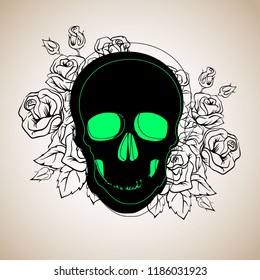 Pattern with image a skull and with flowers. Vector illustration.