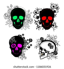 Pattern with image a skull and with flowers. Vector illustration.