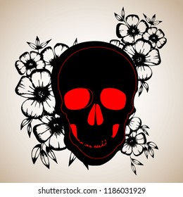 Pattern with image a skull and with flowers. Vector illustration.