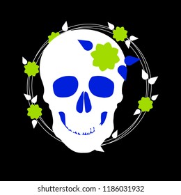 Pattern with image a skull and with flowers. Vector illustration.