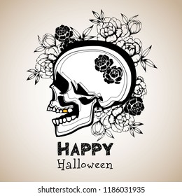 Pattern with image a skull and with flowers. Vector illustration.