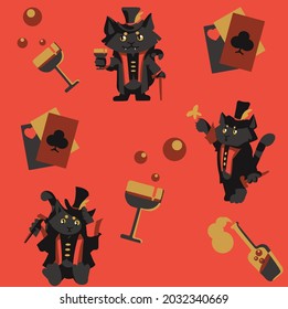 a pattern with the image of a stylish cat, the owner of a tavern. around him are bottles and glasses of wine and decks of cards.