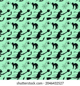 A Pattern With The Image Of A Witch, A Cat, A Spider, A Spider Web And Bats