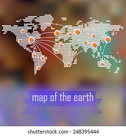 Pattern with the image of a world map and a computer network. Blurred background and abstract image of wires and chips. The lines between the countries of the world