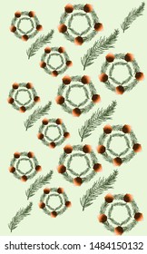 Pattern with the image of wreaths of fir branches and cones. Suitable for holiday wrapping paper.